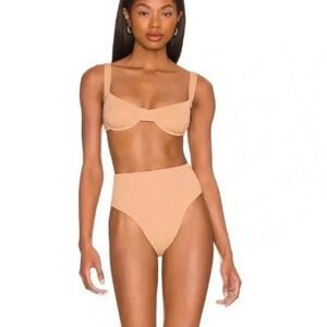 Revolve Haight Swim High Leg Bikini Bottom Hot Pant in Beige Sz L